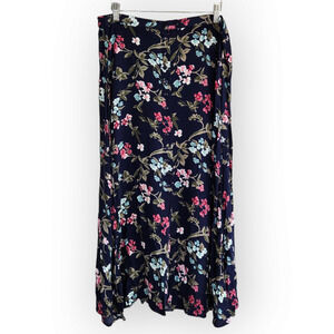 Vintage Floral Midi Skirt - Navy with Pink and Blue Flowers